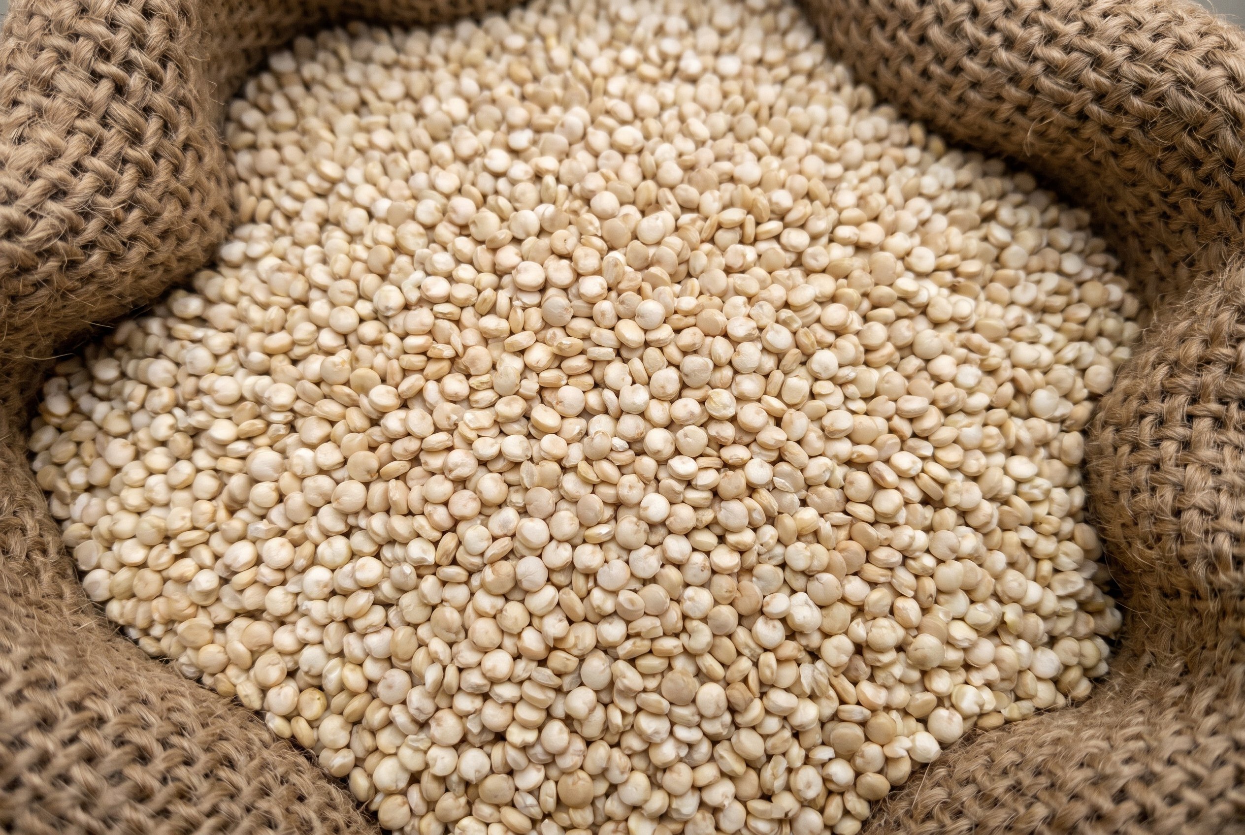 Immagine illustrativa: chicchi di quinoa bianchi in un sacco di juta
